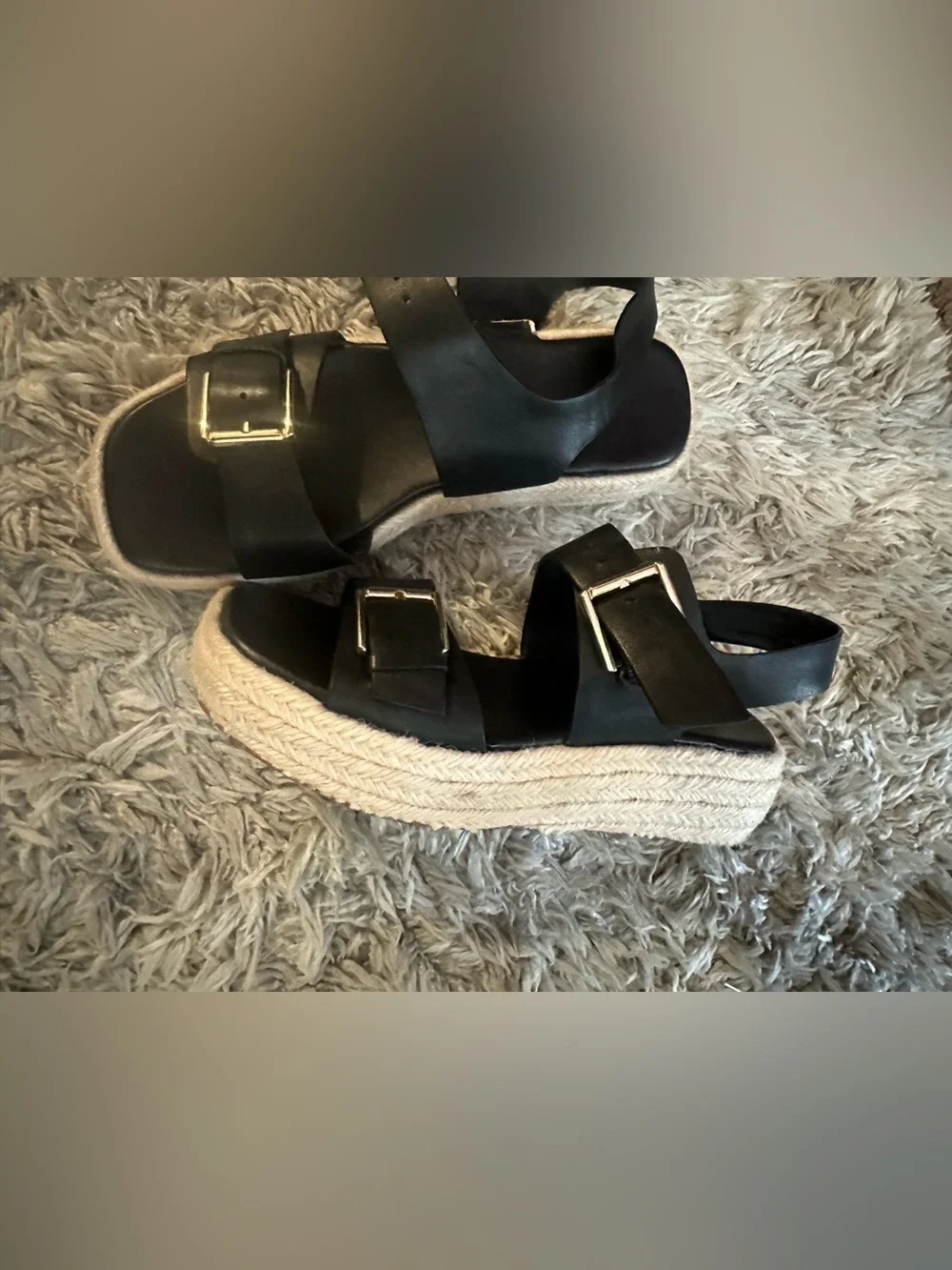 NORDSTROM Black Leather Double-Buckle Espadrille Sandals with Gold Buckles $100+